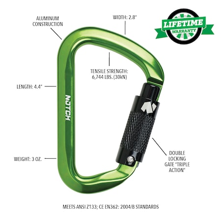 Notch Equipment Carabiner, Auto-Lock, Aluminum, Green 36678